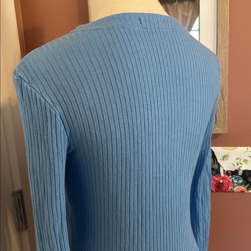 Reformation Gellar Parisian Blue Ribbed bell sleeve L shell Button-Up vneck Top - Picture 11 of 14